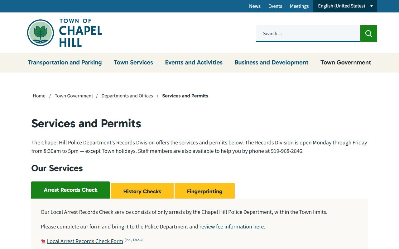 Chapel Hill Police services and permits page for arrest records requests