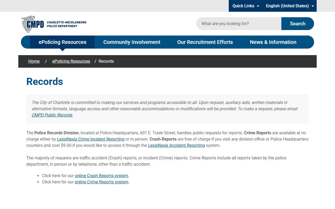 Charlotte-Mecklenburg Police Department records division for arrest records requests