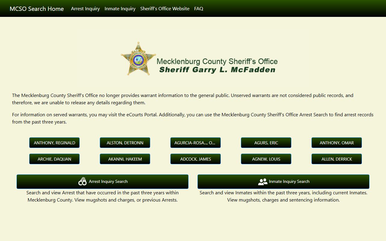 Mecklenburg County Sheriff inmate search showing Huntersville area bookings