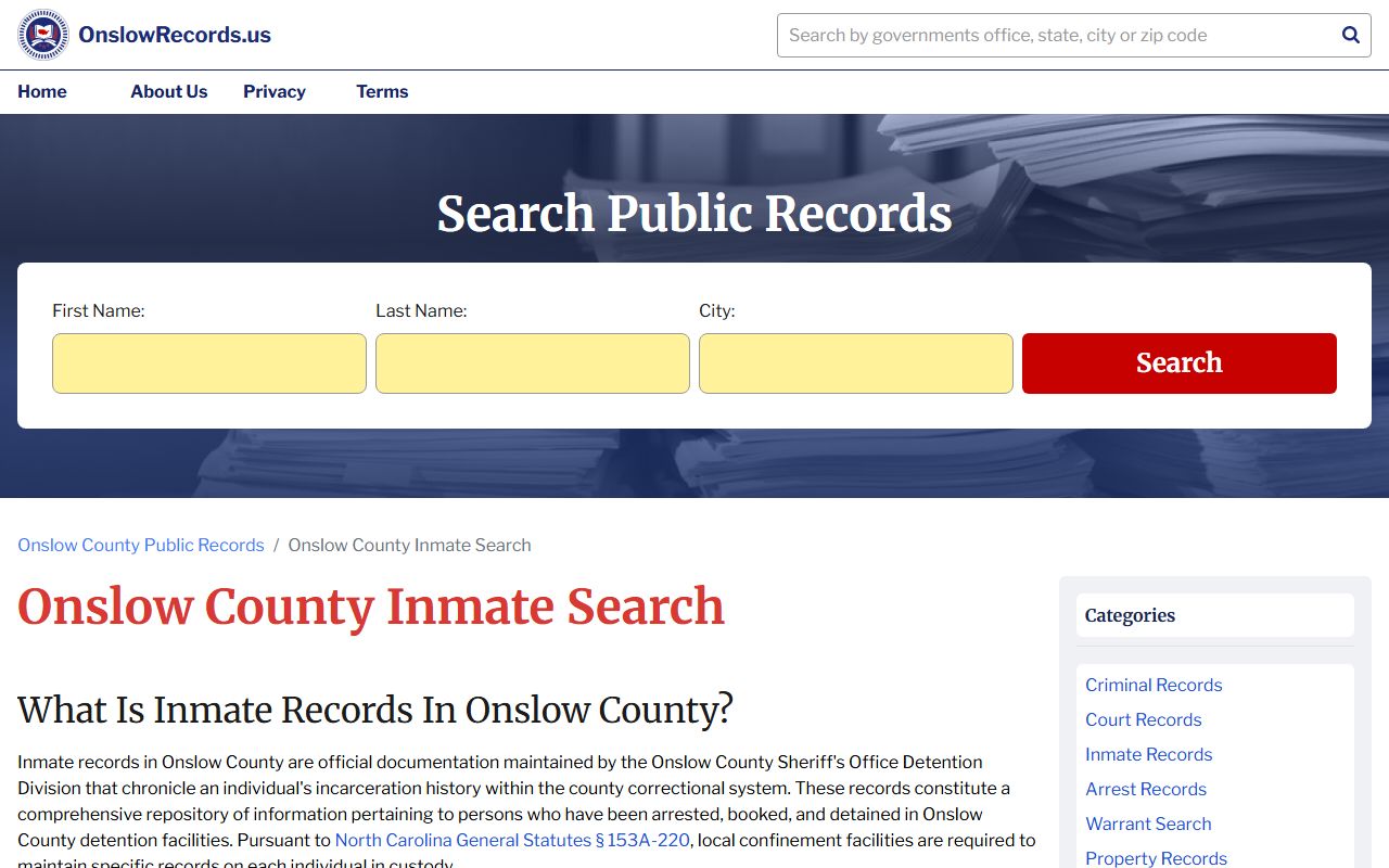 Onslow County inmate search system showing Jacksonville busted mugshots and booking records