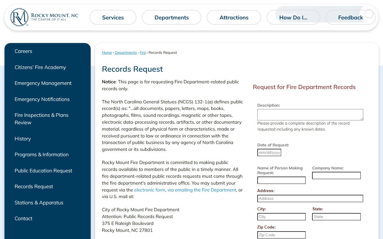 Rocky Mount Police Department records request page for arrest and offense reports