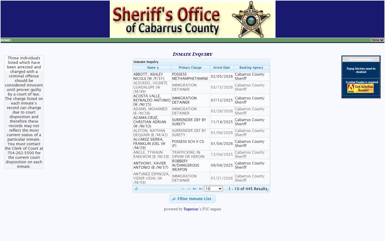 Cabarrus County P2C inmate search portal showing mugshots and charges