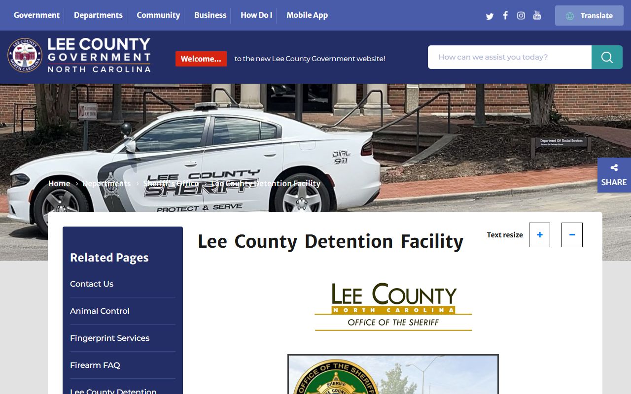 Lee County Jail facility in Sanford for booking records and mugshots