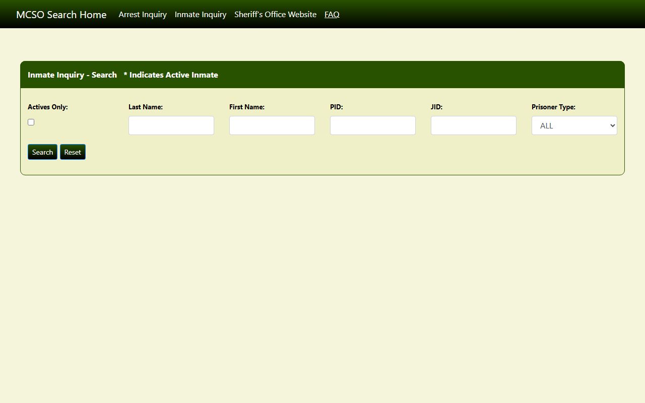 Mecklenburg County Sheriff inmate inquiry search page showing booking records