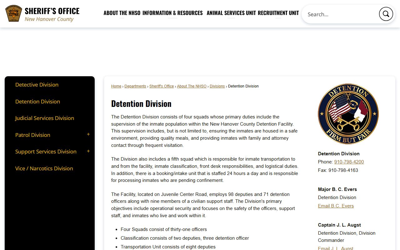 New Hanover County detention facility and correctional center information