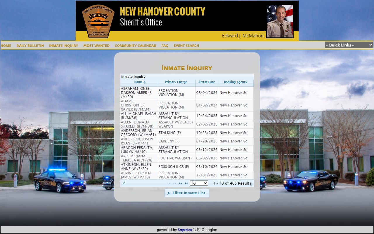 New Hanover County Sheriff P2C inmate search system for booking records