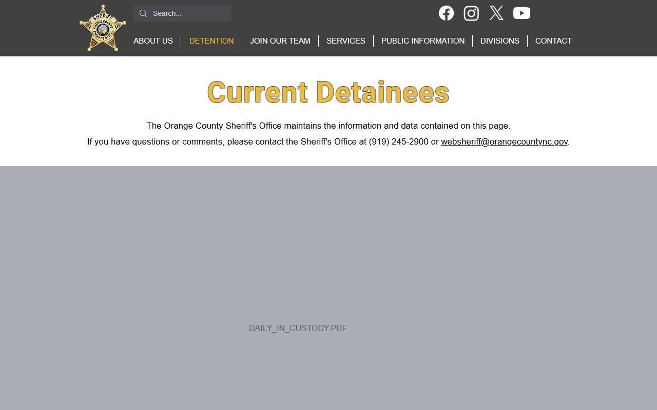 Orange County Sheriff current detainees page showing jail booking records