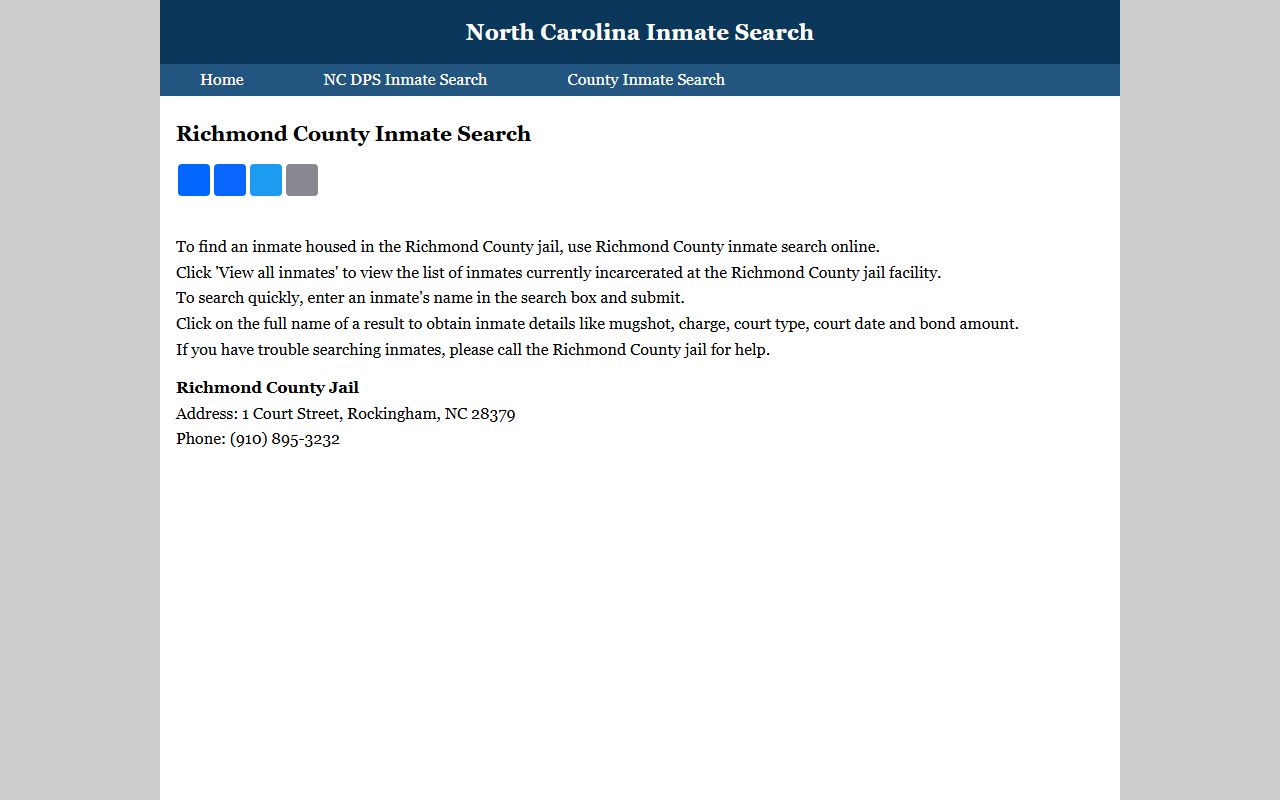 Richmond County Sheriff inmate search for busted mugshots and booking records in Rockingham NC