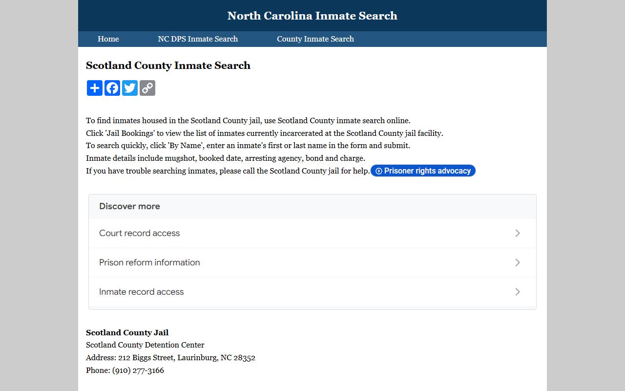 Scotland County Sheriff inmate search page showing booking records and mugshots