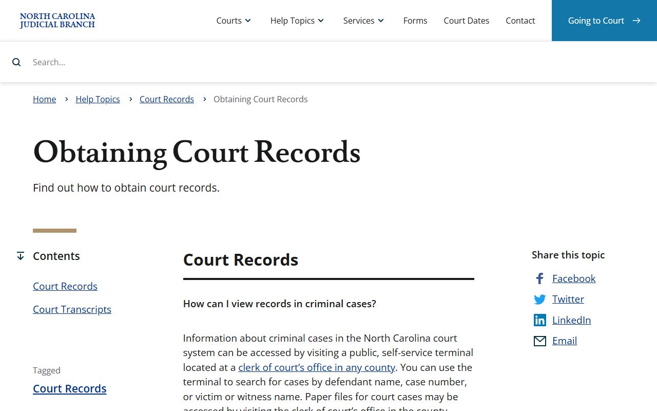 NC Courts page showing how to obtain North Carolina busted mugshots and court records