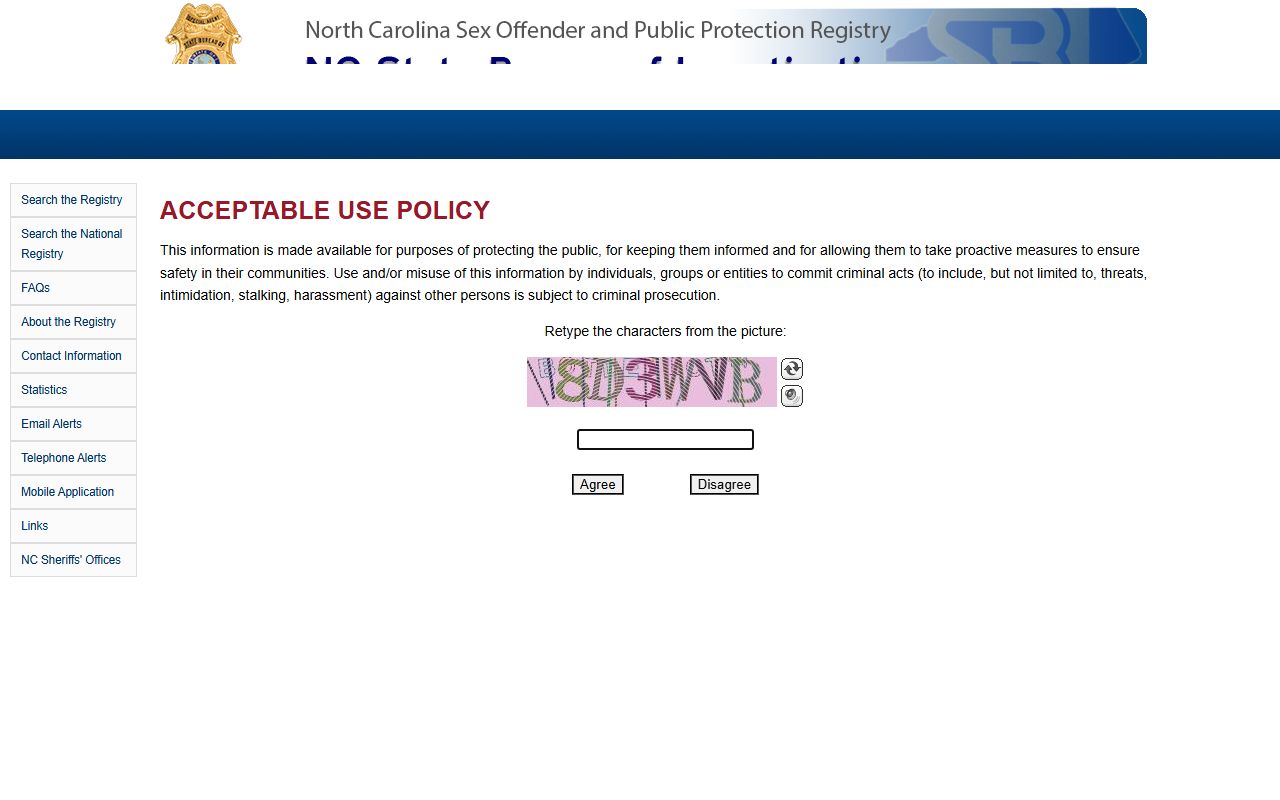 NC Sex Offender Registry search page for North Carolina busted mugshots